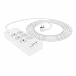 Amazon Basics - Rechteckig Überspannungsschutzgerät, 6 Anschlüsse, 1 USB-C (20W), 3 USB-A (12W), 1050 J, 1,5 m geflochtenes Kabel, Weiß