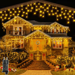 Ollny Eisregen Lichterkette außen warmweiß, 7.3M 216 LED Eisregen Lichterkette außen mit Stecker, wasserdicht Weihnachtsbeleuchtung außen für Balkon Haus Fenster Traufe Vorbau Geländer 216led