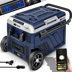 tillvex® Kompressor Kühlbox mit Akku elektrisch 40 Liter | Elektrische Gefrierbox mit WIFI-APP-Steuerung USB-Anschluss 12/24V 230V | Kühlschrank bis -20°C für Auto, Lkw, Boot, Reisemobil, Camping 40 Liter - mit Akku Navyblau