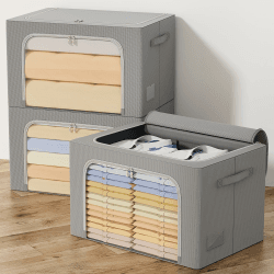 GoMaihe 3 Stück Aufbewahrungstasche mit Metallrahmen 270L - Stapelbare Aufbewahrungstasche für Bettdecken Kleidung - Faltbare Kleideraufbewahrung Box Abstellraum Kleiderschrank Organizer (Grau,90L) 270L (90Lx3) Grau