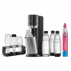 SodaStream Wassersprudler DUO Comfort-Set mit CO2-Zylinder, 2X 1L Glasflasche, 2X 1L spülmaschinenfeste Kunststoff-Flasche und sytlischem Flaschenhalter, Höhe: 44cm Comfort Pack (4x Flaschen & mit CO²-Cylinder & Flaschenhalter)