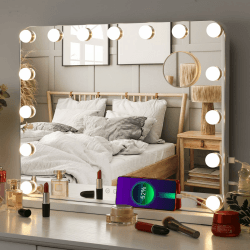 MAMIZO Hollywood Spiegel 58x46 cm, Schminkspiegel mit Beleuchtung, 15LED, 3 Lichtfarben, Enstellbare Helligkeit, mit USB und Abnehmbare Lupe Kosmetikspiegel mit Licht,Wandspiegel, Tischspiegel- Weiß Weiß 58 x 46 cm