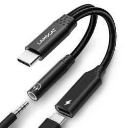 LAMSCAT USB C Kopfhörer Adapter und Laden, PD 60W 2 in 1 Typ C auf 3.5mm Klinke Adapter Unterstützt 60W Schnellladung für Samsung S24/S23/S22/S21/S20+ (Black) Schwarz