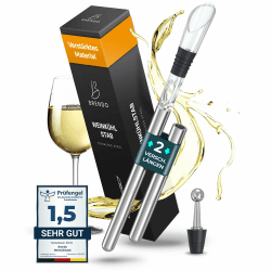 Brendo Das ORIGINAL 4-in-1 Edelstahl Weinkühlstab I Weinkühler Stab inkl. 2 verschiedene Stablängen somit Passend für jede Flaschengröße + Dekanter und Flaschenverschluss Set mit 2 Kühlstäben