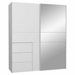 FORTE WINN 2 Schrank, weißer Kleiderschrank mit Spiegeltür, Schlafzimmerschrank, Schwebetürenschrank Weiß mit Schubladen & Spiegel, 170 cm breit x 200 cm hoch x 61,2 cm tief Weiß mit Spiegel 170 x 200
