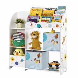 SONGMICS GKR42WT Aufbewahrungsregal für Spielzeug und Bücher, multifunktionales Aufbewahrungsmöbel mit 2 Schubladen aus Stoff, für Spielzimmer, Kinderzimmer, Wohnzimmer, Planeten-Motiv, Weiß