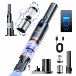 SmartAI Handstaubsauger, 17000Pa Mini LED Kabelloser Akku Handsauger, 30 Minuten Dauer Leicht Akkusauger für Auto Zuhause Wohnmobil Tierhaare,mit Ladeständer, Typ-C Ladung, Großstaubbox Blau