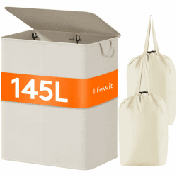 Lifewit 145L Wäschekorb mit 2 Fächern, faltbarer großer Wäschekorb mit Deckel und 2 herausnehmbaren Wäschesäcken für Kleidung, Wäsche, Bad, Beige Beige 145L