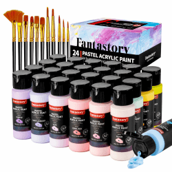 Fantastory Acrylfarben Set Pastell,60ml,24 cremige Farben,12 Pinsel,wasserfest,nicht verblassend,ungiftige Acrylic Paint für Leinwand,Holz,Modelle;Künstler,Profis,Anfänger[Professionelle Serie] 24x 60ml-(Pastellfarben)