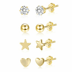 ASH'S CHOICE Ohrringe Silber 925 Ohrstecker Damen Männer, Sterling Silber Ohrstecker mit Zirkonia Steine 14K Gold Funkelnd Glitzer Ohrringe Herz Eckig Mini Runden Kugel Kleine Ohrringe Ohrsteck Set 4PaarVerschiedeneOhrsteckGoldA