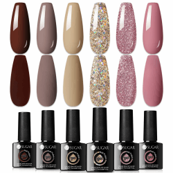 UR SUGAR UV Nagellack Nudetöne Glitzer, Gel Nagellack Glitzer Shellac Gel für Gelnägel DIY Nail Art Kit für Valentinstag Hochzeit Dating Weihnachtswochenende Party Nude Braun