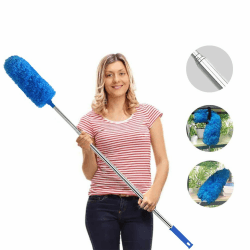 HTLY SPR Staubwedel Teleskop Waschbar, Staubwischer Mikrofaser Edelstahl Teleskop Stange und Verbiegbare Eckbesen, Staubwedel Lang Ausziehbar Extra Lang Bis 254cm, für Decken Spinnweben (Blau)