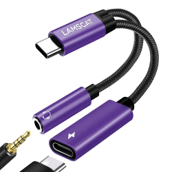 LAMSCAT USB C Kopfhörer Adapter und Laden, 2 in 1 Typ C auf 3.5mm Klinke Adapter Unterstützt PD 60W Schnellladung für Samsung Google, Huawei und mehr (Lila)