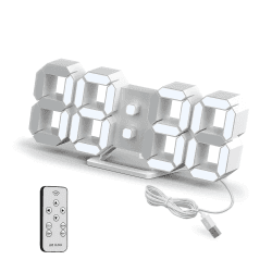 Deeyaple LED Wanduhr Digital Wecker 3D Uhr Dimmbar Snooze Modern USB 12/24Stunden Datum Temperaturanzeige Loop Display Fernbedienung Nachtlicht Wohnzimmer Küche Schlafzimmer Büro 25cm weiß Weiß 25 cm