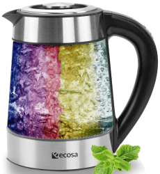 Glas Wasserkocher 1,7 Liter | 2200 Watt | Edelstahl mit Temperaturwahl | Teekocher | 100% BPA FREI | Warmhaltefunktion | LED Beleuchtung im Farbwechsel | Temperatureinstellung (40°C-100°C) 1.7 Liter
