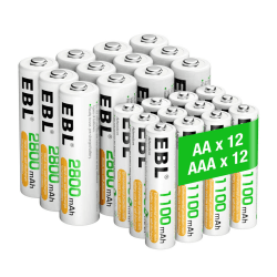 EBL AA AAA Akku Pack 24 Stück - AA Akku 2800mAh 12 Stück mit AAA Akku 1100mAh 12 Stück, 1,2V NI-MH wiederaufladbare Batterien 12*AA + 12*AAA