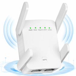 WLAN Verstärker mit 1200 Mbps - WLAN Repeater Dual-Band 2.4GHz & 5.8GHz WiFi Extender Booster Internet Verstärker mit externen 4 * 2dBi Dual-Band-Antennen Internet Booster bis zu 3000 qm (Weiß)