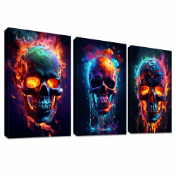 3 Panels Neon Flammender Schädel Mit Rahmen Leinwand Bilder Blumen Totenkopf Bild auf Leinwand Malerei Poster Wandbilder Wanddeko Wohnzimmer Schlafzimmer Dekorationen 90x40cm (12"x16"x3pcs) Flammender Schädel 30x40cmx3