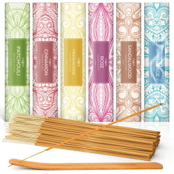 LA BELLEFÉE Räucherstäbchen Set 120 Sticks, 6 Boxen mit 6 Düfte - Sandelholz, Patchouli, Rose, Weißer Salbei, Zimt, mit 1 x Räucherstäbchenhalter Weißer Salbei, Sandelholz, Patschuli, Rose, Zimt