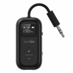 Lavales SafeFly Dual - Premium Flugzeug Bluetooth 5.3 Transmitter für 2 AirPods oder Kopfhörer, aptX Low Latency, 3,5 mm AUX Kabelloser Audio Adapter mit OLED-Display für Flugreisen, TV, Tablets Schwarz