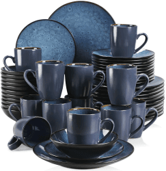 Tafelservice Steinzeug, vancasso 48 teiliges BUBBLE Kombiservice Set aus Steingut, Geschirrset im Vintage Aussehen, Beinhaltet Müslischalen, Kaffeetassen, Dessertteller und Speiseteller 48 tlg Tafelservice Blau