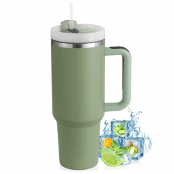 PRAOAHEI 40oz Thermobecher mit Strohhalm und Henkel,1180 ML Doppelwandiger Edelstahl Heiße Kalte Getränke Vakuum Trinkbecher, Kaffeebecher für Zuhause Reisen Matchagrün