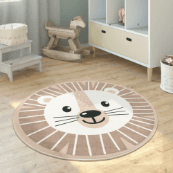 Paco Home Kinderteppich Teppich Kinderzimmer Rund Spielmatte Babymatte rutschfest Modern Mond Koala Löwenkopf, Grösse:120 cm Rund, Farbe:Beige 120 cm Rund Beige