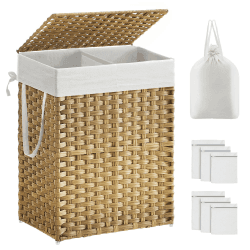 SONGMICS Wäschekorb mit Deckel, Wäschesammler 90 Liter, 2 Fächer, herausnehmbarer Wäschesack mit Griffen, handgeflochten, für Schlafzimmer, Badezimmer, 33 x 46 x 60 cm, naturfarben LCB251N01V1 Naturfarben 90 Liter