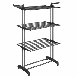 SONGMICS Wäscheständer, Standtrockner 4 Ebenen, Flügelwäscheständer, klappbare Flügel, mit Rollen, 63,5 x 128 x 173 cm, groß, einfacher Aufbau, für Innen- und Außenbereich, tintenschwarz LLR701B01