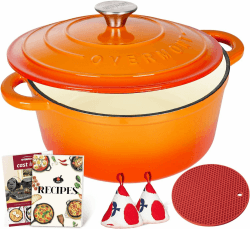 Overmont Schmortopf Gusseisen Topf 26cm - Emaille Bräter mit Deckel backofengeeignet - mit Kochbuch - für Küche Backen Schmoren Braten Orange 26CM Orange