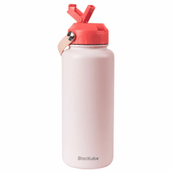 Blackube Edelstahl Trinkflasche mit Strohhalm-trinkflasche 1l-Thermosflasche Thermoskanne - BPA-Frei, Auslaufsicher, Große Trinkflasche aus Metall Eisrosa 1000 ml