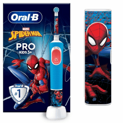 Oral-B Pro Kids Spiderman Elektrische Zahnbürste/Electric Toothbrush, Kinder ab 3 Jahren, inkl. Sensitiv+ Modus für Zahnpflege, extra weiche Borsten, 1 Aufsteckbürste, 1 Reiseetui, 4 Sticker, Blau/Rot Spiderman mit Reiseetui
