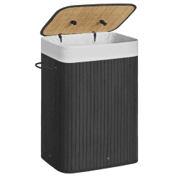 SONGMICS Wäschekorb mit Deckel, 72 L, Wäschekorb aus Bambus, faltbar, mit abnehmbarem waschbarem Beutel, Griffen, für Waschküche, Schlafzimmer, Schwarz LCB10B