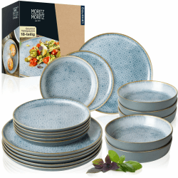 Moritz & Moritz TERRA 18-tlg Geschirrset 6 Personen - Teller Set in strahlendem Azurblau aus hochwertigem Porzellan - Geschirr Set 6 Personen aus je 6x Speiseteller, Dessertteller und Schalen Azurblau 18-tlg Geschirrset