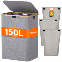 Lifewit 150L Wäschekorb mit Deckel, Wäschesammler 3 Fächer, Wäschebox Groß, Wäschesortierer, Wäschetonne, Wäsche Sortieren, Wäschebehälter, Laundry Baskets für Wäschekammer, Bad, Schlafzimmer, Grau Grau 150L