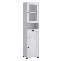 VASAGLE Badezimmerschrank, Badschrank, Hochschrank, offenes Fach, Glastür, schmal, Badezimmermöbel, Badmöbel mit Füßen, höhenverstellbare Ablagen, platzsparend, ahornweiß BBK163T44