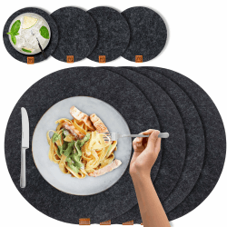 MIQIO® Design Runde Tischsets aus Filz abwaschbar | Mit Echtleder Markenlabel und Glasuntersetzer | 4 Platzsets 4 Untersetzer | rot oder grau | Filzmatte Platzdeckchen abwischbar 4er-Set mit Zubehör Dunkelgrau / Rund