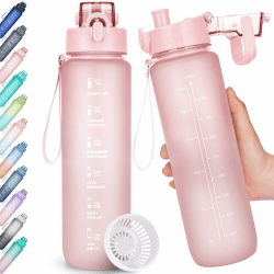 AOHAN Trinkflasche, 1l Wasserflasche BPA-Frei, Trinkflasche Sport Auslaufsicher, Sportflasche mit Zeitmarkierung für Fitness, Büro, Schule, Yoga, Outdoor Rosa