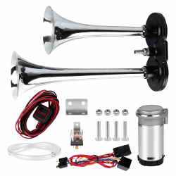 CPROSP 12V Drucklufthorn mit Kompressor, Hupen mit Schalter, Druckluft-Doppelhorn, 12v 125db Hupe Luft Horn Gesamtlänge 210 mm silbrig mit Schalter