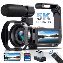 Delmodes 5K Videokamera Camcorder 64MP WiFi 18X Digitalzoom Vlogging Kamera für YouTube, 3.0" IPS Touchscreen IR Nachtsicht Videokamera mit Handstabilisator, 32GB SD-Karte, Fernbedienung, Batterien CV099