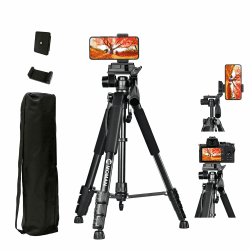Moman Kamera Stativ, TP59F Aluminium Leichte Camera Dreibeinstative mit Kopf 150cm Höhe DSLR Fotostativ Maximale Tragfähigkeit 6KG Verstellbares Tragbares Reisestativ, Handy Tripod Ständer Stativ Schwarze 150cm