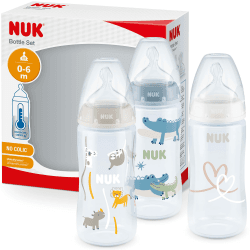 NUK First Choice+ Babyflasche im Set | 0–6 Monate | Temperature Control Anzeige | 300 ml | Anti-Colic-Ventil | BPA-frei | Trinksauger aus Silikon | 3 Stück | Safari 3 stück (1er Pack) Blau