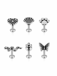 PiercingJak 6er Lippenpiercing Labret Ohrstecker Chirurgenstahl Tragus Helix Piercing 8mm Stud Ohrringe mit Schlange Schmetterling Herz Muschel Weizenähre Pfote Punk Schmuck Unisex