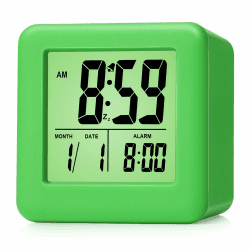 Plumeet Digitaler Reisewecker, Einfach Einzustellen, mit Schlummermodus, Weichem Nachtlicht, Großem Zeit-, Monats-, Datums- und Alarm-Display, Ansteigendem Soundalarm (Grün)