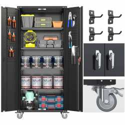 SUPEER Metallschrank mit Pegboard und Abschließbare Räder, 4 höhenverstellbaren Fachböden,Stahlblech Pulverbeschichtung,Stahlschrank Abschließbar für Werkzeuge,Garage183 x 80 x 40 cm（schwarz） Schwarz/Pegboard 183 x 80 x 40