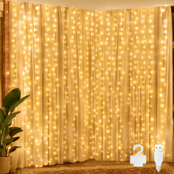 Ollny LED Lichtervorhang 2x2m, 200 LEDs Lichtervorhang innen USB warmweiß, Lichterkette innen fenster mit 10 Haken, für innen und außen Deko Weihnachten Hochzeit Party Fenster Wand Balkon