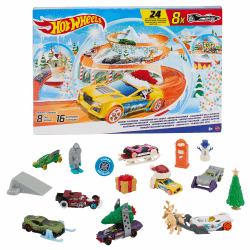Hot Wheels Spielzeugautos, Adventskalender 2024, 8 Hot Wheels Autos im Maßstab 1:64, hinter 24 nummerierten Türchen verstecken sich 16 winterliche Zubehörteile und eine Spielmatte, HTG00