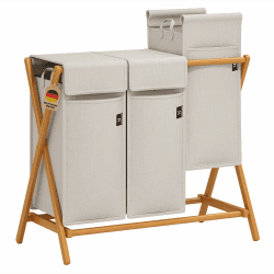 AdelDream Wäschekorb 3 Fächer 150L Bambus Wäschesammler Wäsche Sortiersystem X-förmige Wäschebox laundry baskets Wäschesortierer Hellgrau 150l Hellgrau