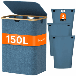 Lifewit 150L Wäschekorb mit Deckel, Wäschesammler 3 Fächer, Wäschebox Groß, Wäschesortierer, Wäschetonne, Wäsche Sortieren, Wäschebehälter, Laundry Baskets für Wäschekammer, Bad, Schlafzimmer, Blau Blau 150L