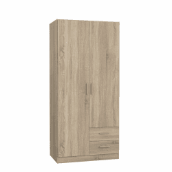 FORTE JOAKIM Schrank 90 200, Kleiderschrank klein, modernes Design Drehtürenschrank mit 2 Schubladen, Einlegeböden und Kleiderstange, Sonoma Eiche, 91 cm breit x 197 cm hoch x 54 cm tief 91 x 197 x 54 cm 2 Türen und 2 Schubladen